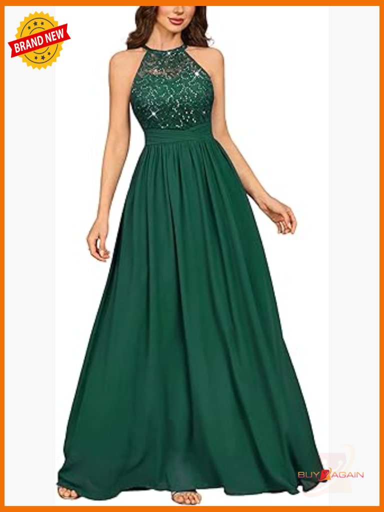 Sleeveless Halter Tie Sequin Lace Formal Evening Maxi Dress